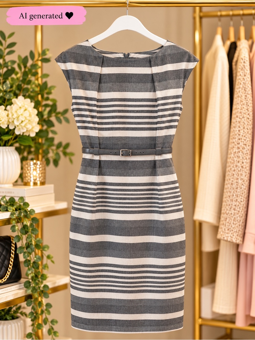 Calvin Klein Gray White Striped Belted Sheath Dress Size 4